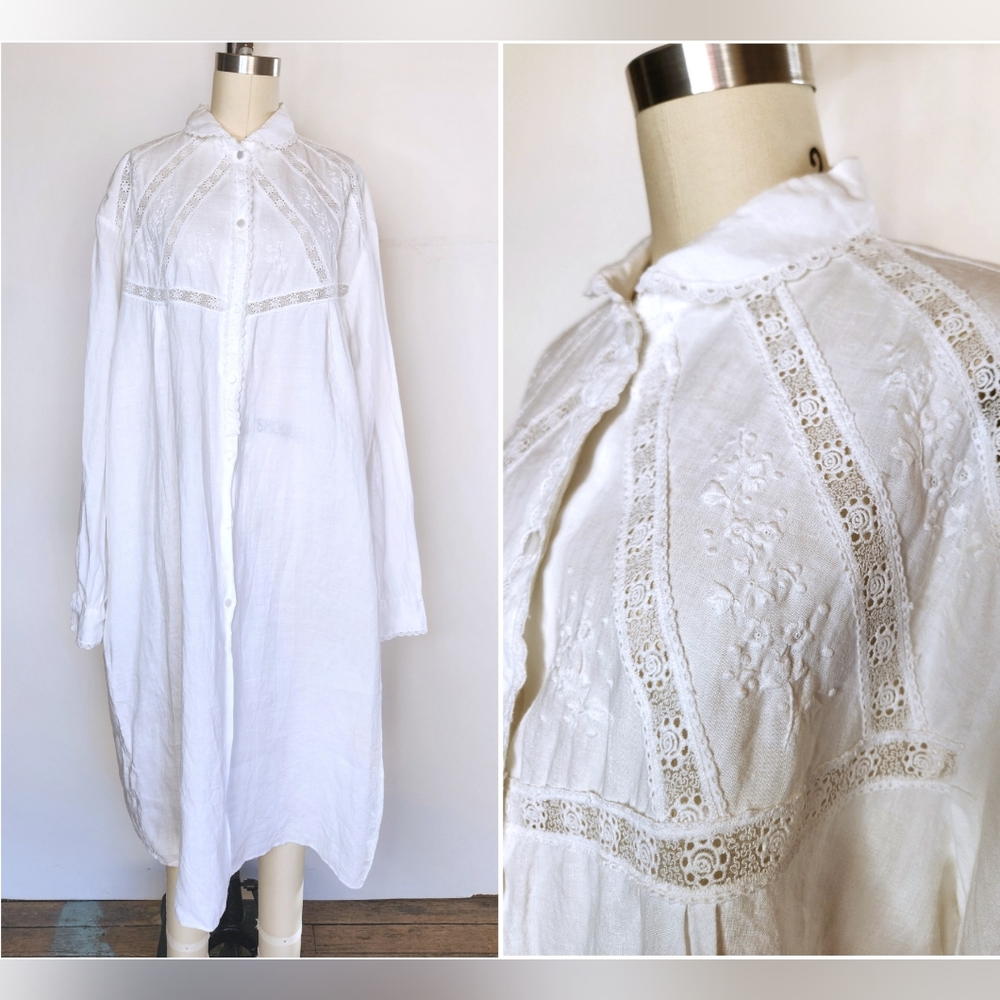 Antique 1900s HEMP LINEN Nightgown Nightdress - Embroidered Chemise Italy OS